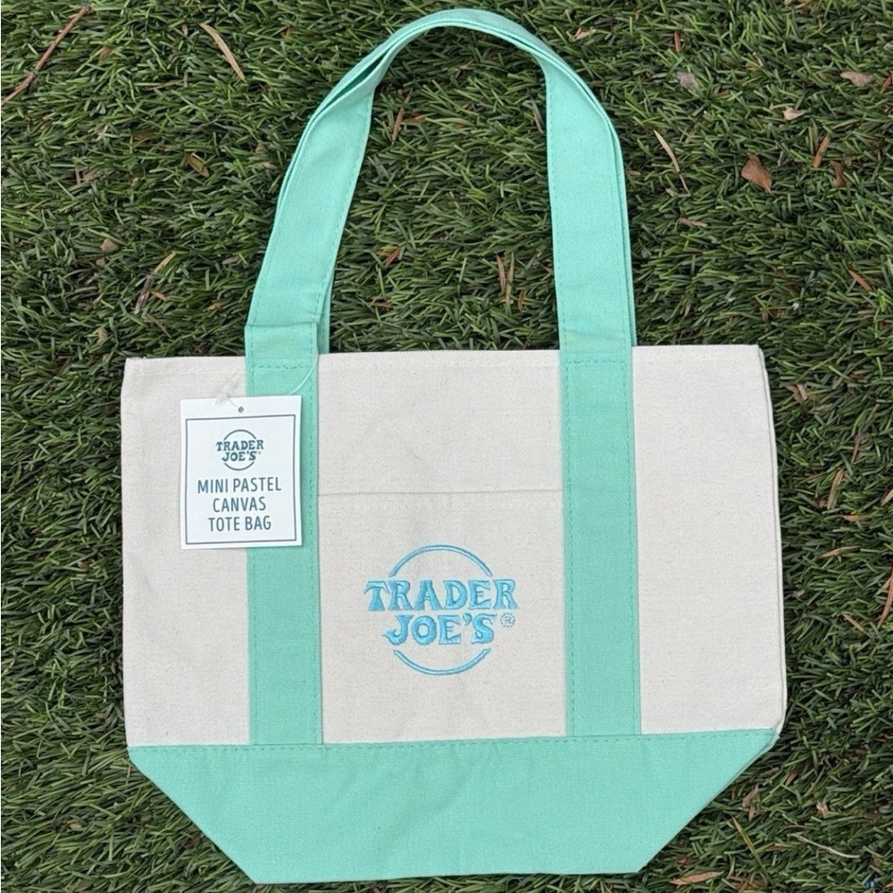 trader joe's pastel green mini canvas tote bag